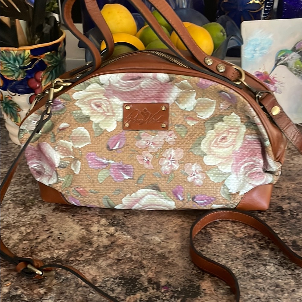 Patricia Nash Brown and Pink Floral Leather Shoulder Bag with Whimsical Design - Picture 1 of 9